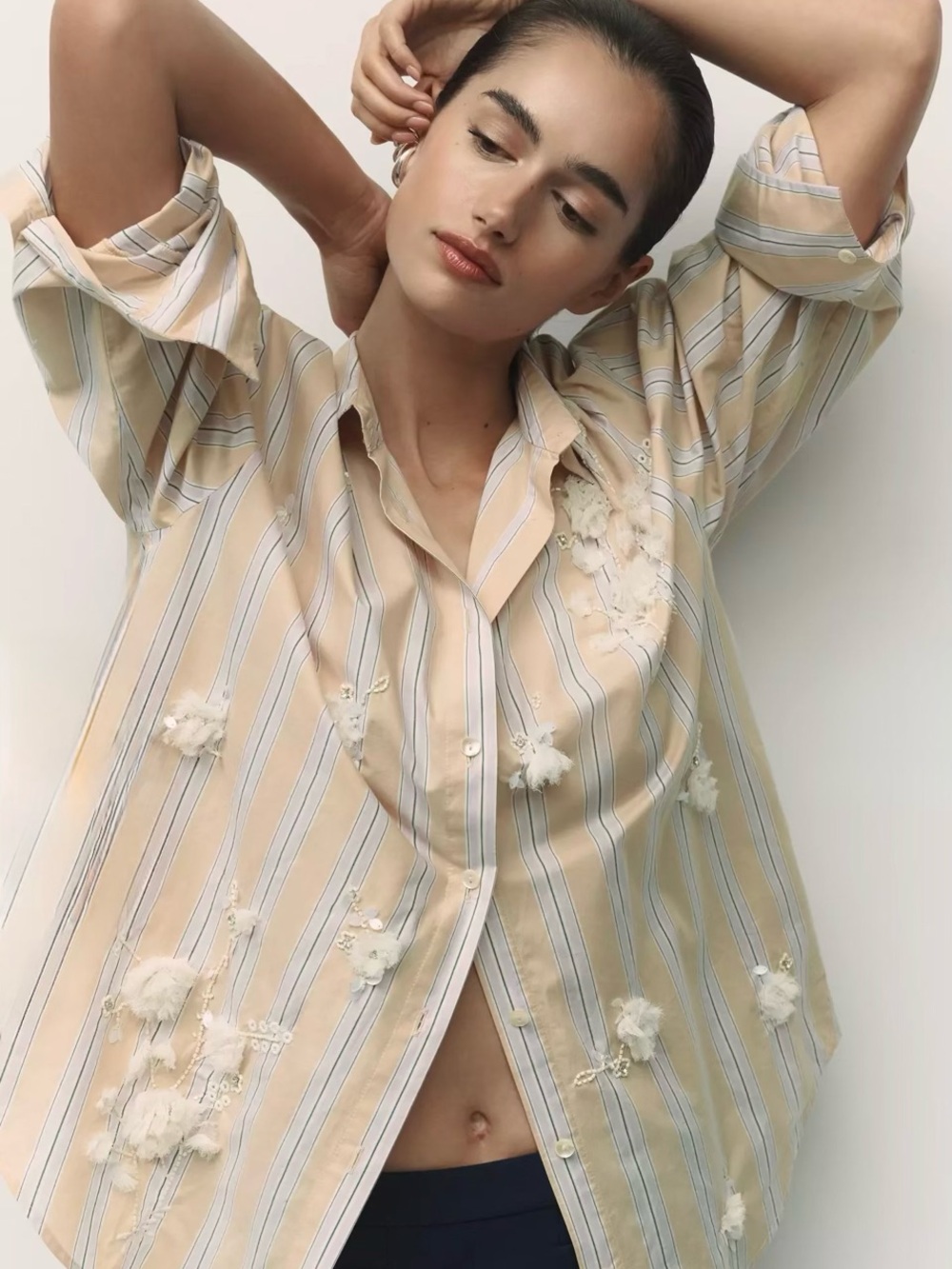 Anthropologie Maeve Bennet Purple Stripe Floral Shrunken Embellished Shirt L NWT - Picture 5 of 15